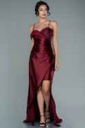 Длинное Атласное Вечернее Платье Бордовый ABU2590