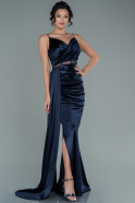 Длинное Атласное Вечернее Платье Темно-синий ABU2592