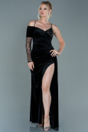 Длинное Велюровое Вечернее Платье Черный-Золотой ABU2605