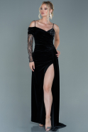 Длинное Велюровое Вечернее Платье Черный-Серебряный ABU2605