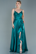Длинное Атласное Вечернее Платье Изумрудно-зеленый ABU2593