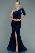 Длинное Бархатное Ночное Платье Темно-синий ABU2654