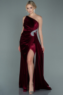 Длинное Велюровое Вечернее Платье Бордовый ABU2626