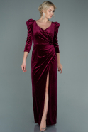 Длинное Велюровое Вечернее Платье Бордовый ABU2653