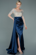 Длинное Атласное Вечернее Платье Темно-синий ABU2314
