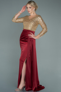 Длинное Атласное Вечернее Платье Бордовый ABU2665
