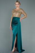 Длинное Атласное Вечернее Платье Изумрудно-зеленый ABU2665