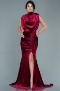Длинное Велюровое Вечернее Платье Бордовый ABU2668