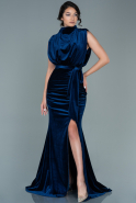 Длинное Велюровое Вечернее Платье Темно-синий ABU2668