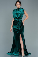 Длинное Велюровое Вечернее Платье Изумрудно-зеленый ABU2668