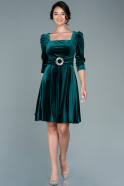 Короткое Бархатное Платье Изумрудно-зеленый ABK1514