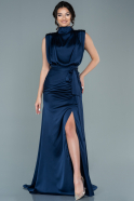 Длинное Атласное Вечернее Платье Темно-синий ABU2133