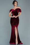 Длинное Велюровое Вечернее Платье Бордовый ABU2672