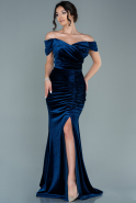 Длинное Велюровое Вечернее Платье Темно-синий ABU2672