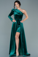 Длинное Велюровое Вечернее Платье Изумрудно-зеленый ABU2673
