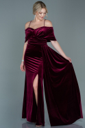 Длинное Велюровое Вечернее Платье Бордовый ABU2689