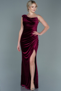 Длинное Велюровое Вечернее Платье Бордовый ABU2687