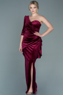 Длинное Велюровое Вечернее Платье Бордовый ABU2666