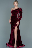 Длинное Велюровое Вечернее Платье Бордовый ABU2696