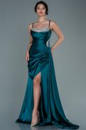 Длинное Атласное Вечернее Платье Изумрудно-зеленый ABU2704