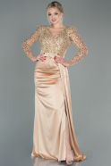 Длинное Атласное Вечернее Платье Золотой ABU2767
