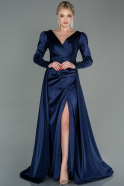 Длинное Атласное Вечернее Платье Темно-синий ABU2166
