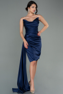 Короткое Атласное Платье Темно-синий ABK1128