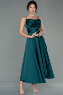 Миди Атласное Пригласительное Платье Изумрудно-зеленый ABK1586