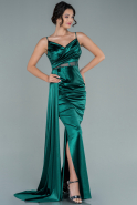 Длинное Атласное Вечернее Платье Изумрудно-зеленый ABU2592