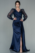 Длинное Атласное Вечернее Платье Темно-синий ABU2811