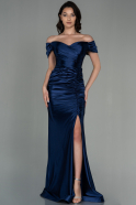 Длинное Атласное Вечернее Платье Темно-синий ABU2814