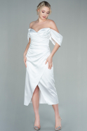 Миди Атласное Пригласительное Платье Белый ABK1608