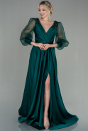 Длинное Атласное Вечернее Платье Изумрудно-зеленый ABU2830