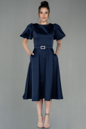 Миди Атласное Пригласительное Платье Темно-синий ABK1263