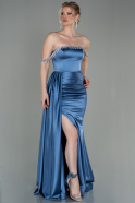 Длинное Атласное Вечернее Платье Серый-Индиго ABU2618