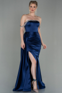 Длинное Атласное Вечернее Платье Темно-синий ABU2618