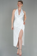 Миди Атласное Пригласительное Платье Белый ABK1616