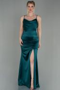 Длинное Атласное Вечернее Платье Изумрудно-зеленый ABU2851