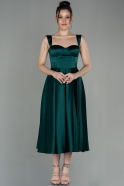 Миди Атласное Пригласительное Платье Изумрудно-зеленый ABK1614