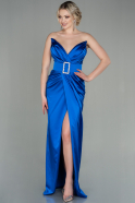 Длинное Атласное Вечернее Платье Ярко-синий ABU2844