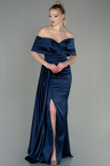 Длинное Атласное Вечернее Платье Темно-синий ABU2893