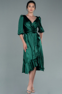 Миди Атласное Пригласительное Платье Изумрудно-зеленый ABK1409