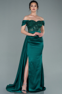 Длинное Атласное Вечернее Платье Изумрудно-зеленый ABU2374
