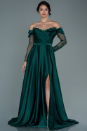 Длинное Атласное Вечернее Платье Изумрудно-зеленый ABU2703