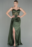 Длинное Атласное Вечернее Платье Хаки ABU2130