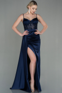 Длинное Атласное Вечернее Платье Темно-синий ABU2130