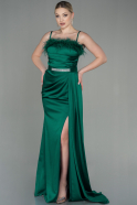 Длинное Атласное Вечернее Платье Изумрудно-зеленый ABU2939