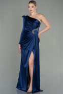 Длинное Атласное Вечернее Платье Темно-синий ABU2676