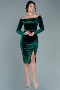 Миди Бархатное Пригласительное Платье Изумрудно-зеленый ABK1515