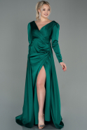 Длинное Атласное Вечернее Платье Изумрудно-зеленый ABU2166